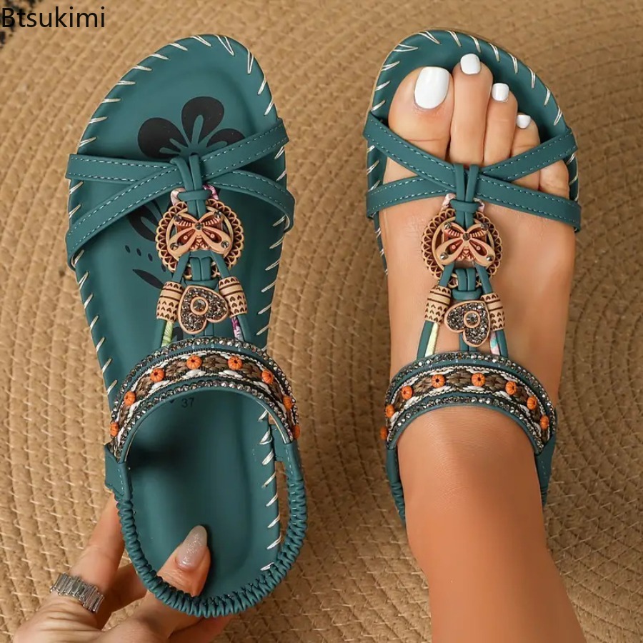 Ethnic Fashion Dress - Sandales Bohèmes pour Femmes, Chaussures Plates